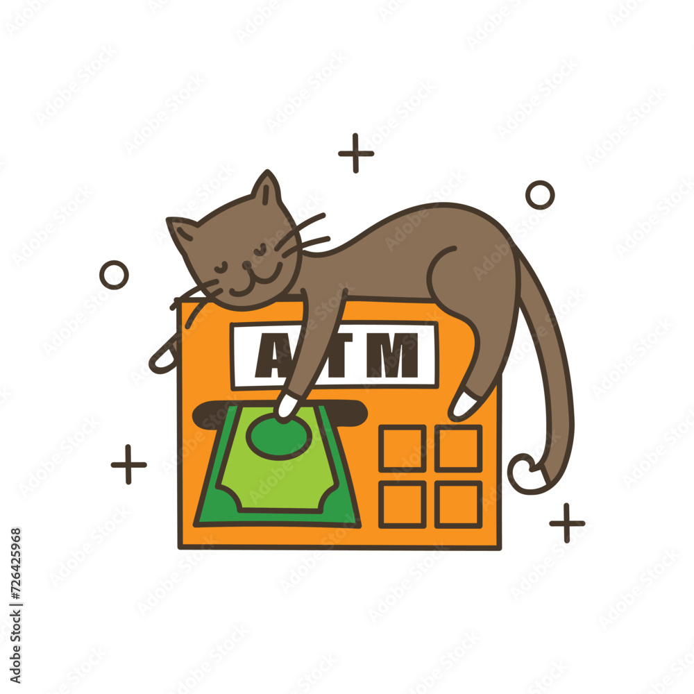 Vecteur Stock Cute cat character uses the kiosk or ATM. Doodle style ...