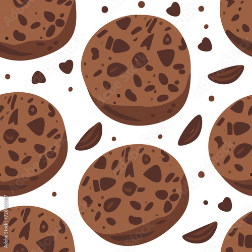 Chocolate chip cookies seamless pattern. Vector illustration in cartoon style on white background. For print, textile, web, home decor, fashion, surface, graphic designe (ID: 726425987)