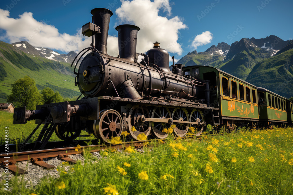 Naklejka premium Vintage steam locomotive in the Alps with flowers and mountains in the background