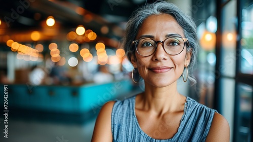 Confident middle aged businesswoman with glasses and grey hair in office setting