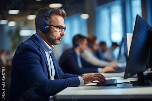 Call center agent with headset working on support hotline, IT support, Call center, Technical support concept, Generative Ai.