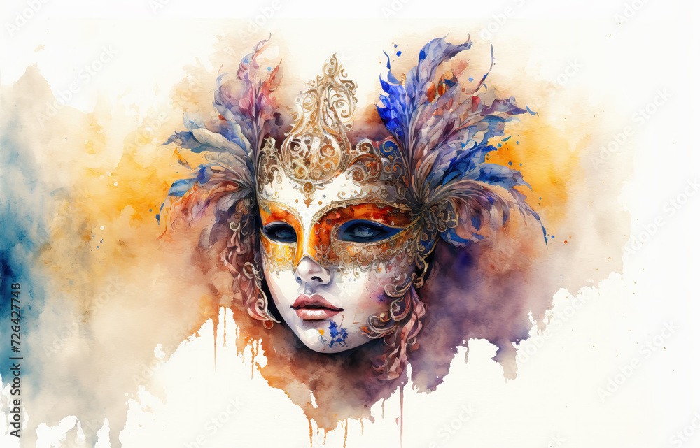 Venetian Carnival Mask in color watercolor style on a white background