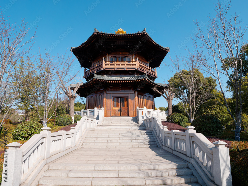 Fototapeta premium Ancient Tang dynasty style building pavilion in Baoshan temple. Buddhist temple located in Baoshan district, Shanghai.