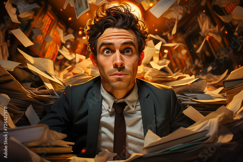 A tired businessman at work amidst a pile of documents Paper close-up.