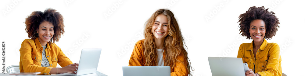 Set of three beauty women using laptop on transparent Set of three beauty women using laptop on transparent