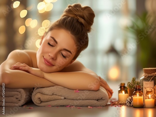 Beautiful young woman lying on massage bed in spa salon, relaxing atmosphere