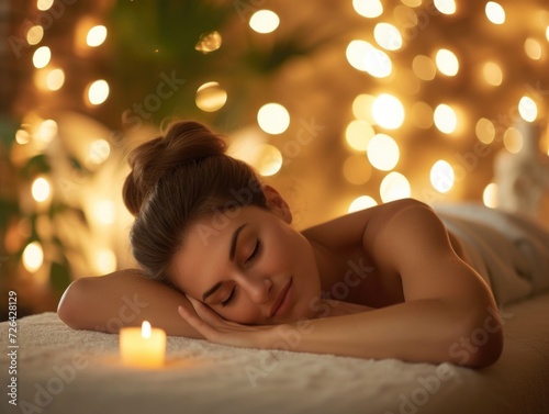 Beautiful young woman lying on massage bed in spa salon  relaxing atmosphere