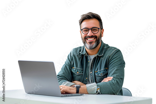 Isoalted man with laptop on white