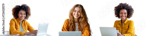 Set of three beauty women using laptop on transparent