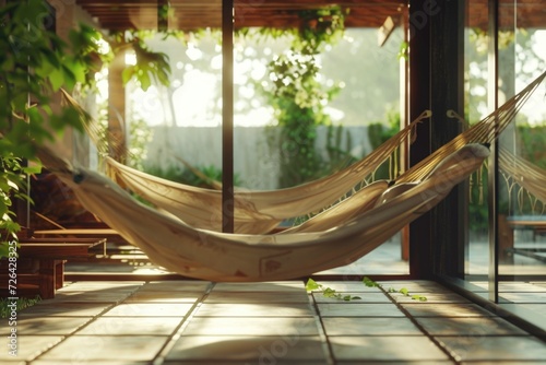 A hammock hanging from the ceiling of a house. Perfect for relaxation and adding a unique touch to any interior design