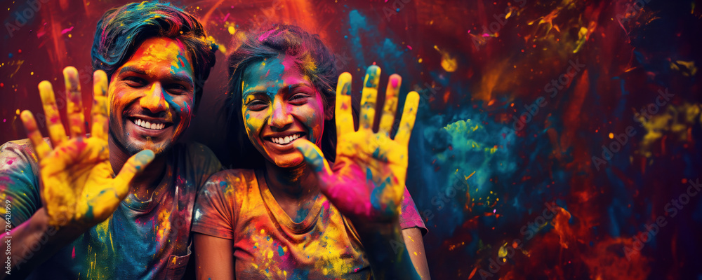 A joyful celebration of color - Indian couple enjoying a bright and vibrant Holi festival. Fictional Character Created by Generated AI. A joyful celebration of color - Indian couple enjoying a bright and vibrant Holi festival. Fictional Character Created by Generated AI.