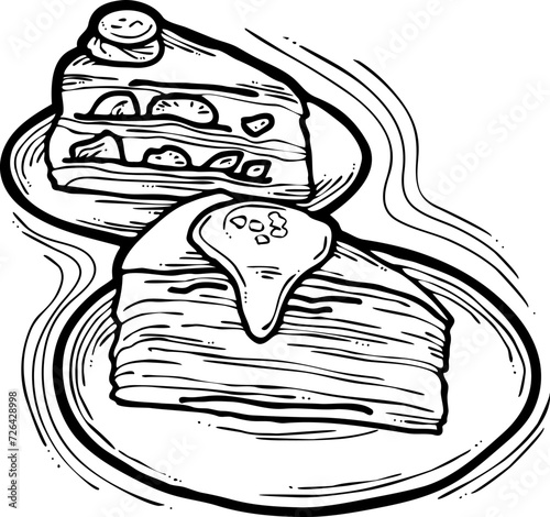 Sweet dessert cake with fruits for celebration birthday party or wedding, tasty breakfast. For cafe, restaurant menu print, postcard or poster. Hand drawn illustration. Cartoon style line art drawing.