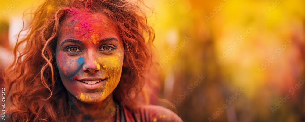 Colorful Festival - Beautiful Woman with Multi-Colored Face Paint, Fictional Character Created by Generated AI.