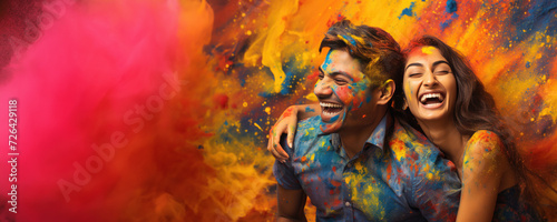 A joyful moment between two people covered in colorful paint, Fictional Character Created by Generated AI.