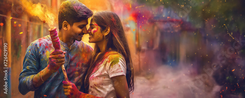 A young couple embraces and shares a passionate kiss during a colorful celebration, possibly an Indian festival. Fictional Character Created by Generated AI.