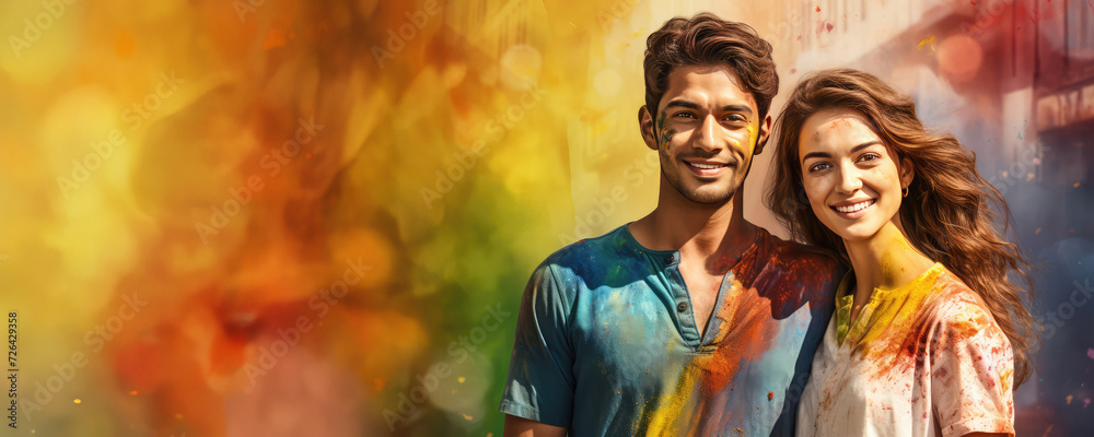 A young couple pose for a picture, covered in colorful paint splatters. Fictional Character Created by Generated AI. A young couple pose for a picture, covered in colorful paint splatters. Fictional Character Created by Generated AI.