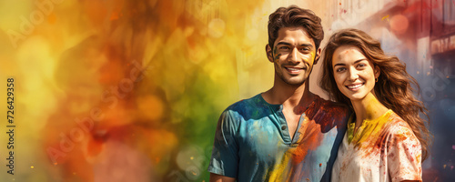 A young couple pose for a picture, covered in colorful paint splatters. Fictional Character Created by Generated AI.