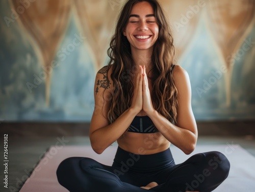 Beauty tanned young athletic woman, smiling, long hair, doing yoga pose, yoga studio 
