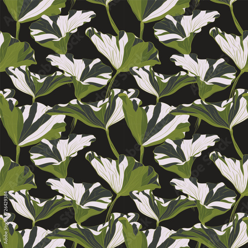 Green Pond leaves hand drawn pattern in dark background. Vector seamless pattern design for textile, fashion, paper, packaging, wrapping and branding