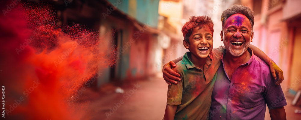 A joyful moment between a father and son during a colorful event, possibly an Indian festival. Fictional Character Created by Generated AI.