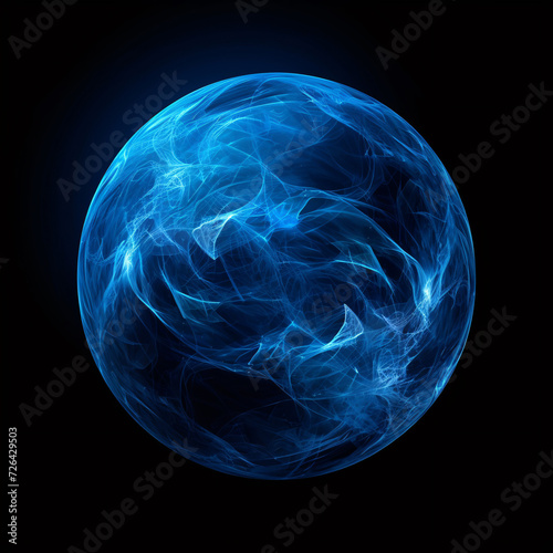 Abstract Blue Plasma Sphere Generating Energy Illuminated Against Black Background photo