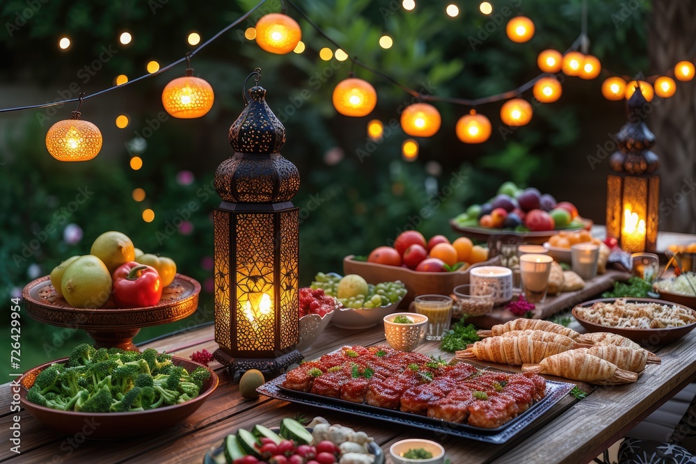 Dining table with ramadan vibes decoration Holy month of Ramadan concept professional advertising food photography
