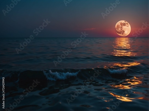 A beautiful colorful moon with glowing reflection on the water of the ocean from Generative AI