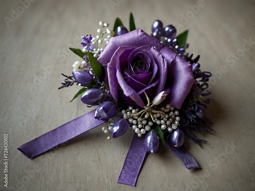 Set of purple themed corsage for prom or wedding occassions from Generative AI photo