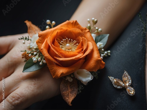 Set of orange themed corsage for prom or wedding occassions from Generative AI photo