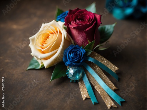 Set of colorful themed corsage for prom or wedding occassions from Generative AI photo