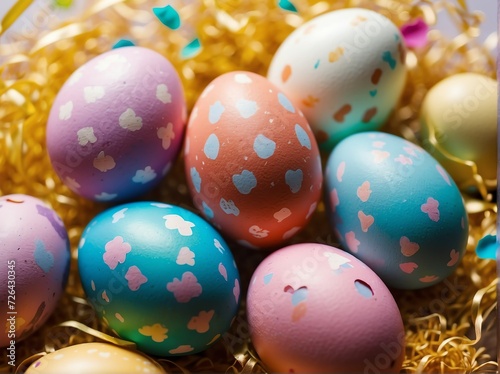 Colorful easter eggs with spring themed confetti from Generative AI