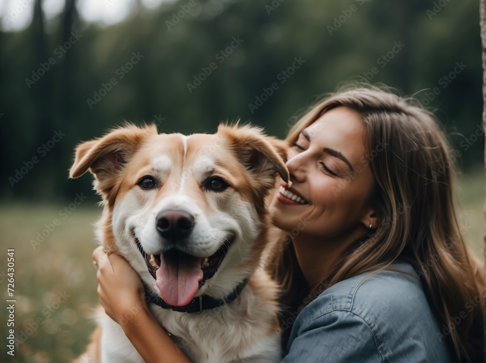Beautiful young woman smiling happy with her cute adorable dog from Generative AI