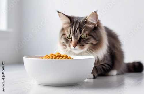 A fluffy cat sits near a white bowl with food.