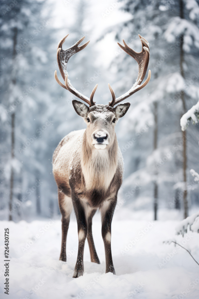 Snowy Wonder: Majestic Male Buck Amidst Winter Wilderness, Portrait of a Noble Deer in Snow-Covered Forest Snowy Wonder: Majestic Male Buck Amidst Winter Wilderness, Portrait of a Noble Deer in Snow-Covered Forest