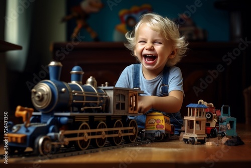Happy little boy playing with a toy train. Children's games and development.