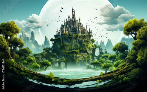 Fantasy floating island with lush green trees and a majestic castle amidst flying birds on a surreal landscape floating over water