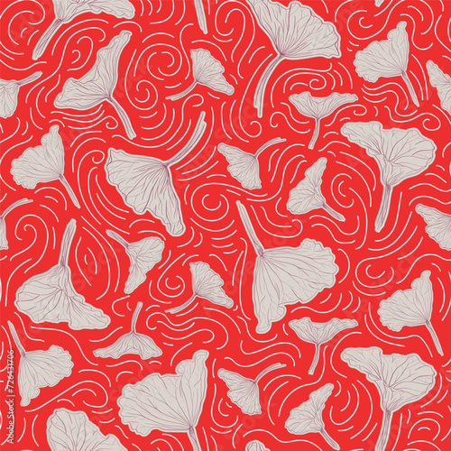 Red and purple pattern doodle  impressionism style with pond leaves. Vector seamless pattern design for textile, fashion, paper, packaging, wrapping and branding