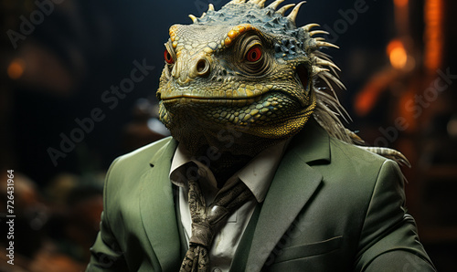 Surreal Portrait of an Iguana in a Business Suit, Conceptualizing a Blend of the Animal Kingdom and Corporate World