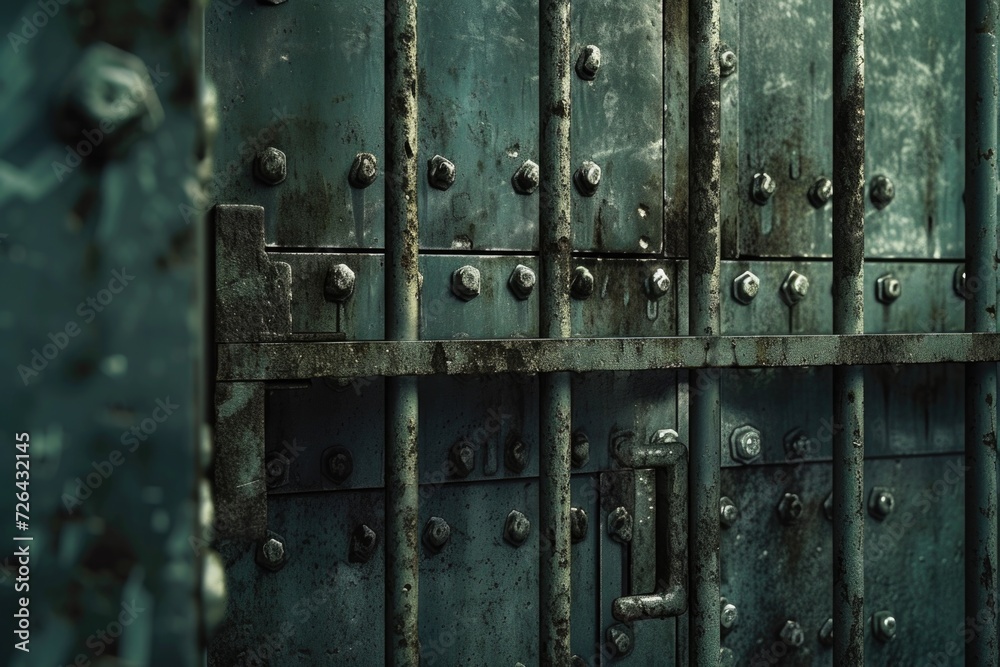 A detailed view of a metal door with rivets. Suitable for industrial and architectural concepts A detailed view of a metal door with rivets. Suitable for industrial and architectural concepts