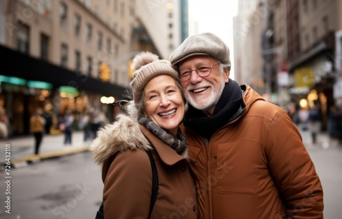 In the heart of the city, this senior couple shares a romantic stroll, immersed in the urban charm, capturing the timeless essence of their enduring love amidst the bustling streets.Generated image