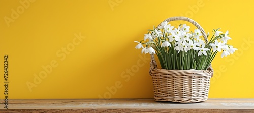 White basket of snowdrops   isolated on yellow spring background with copy space for text placement © Ilja