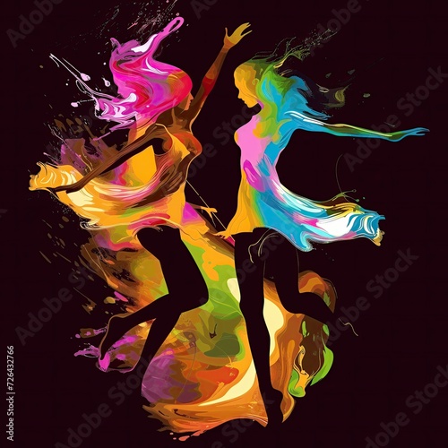 Dancers silhouettes colorfull in motion