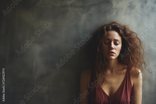 Depressed young woman portrait, gray background, copy space. Mental health concept.