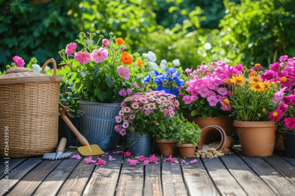 Gardening tools and flowers on the terrace in the garden Gardening tools and flowers on the terrace in the garden