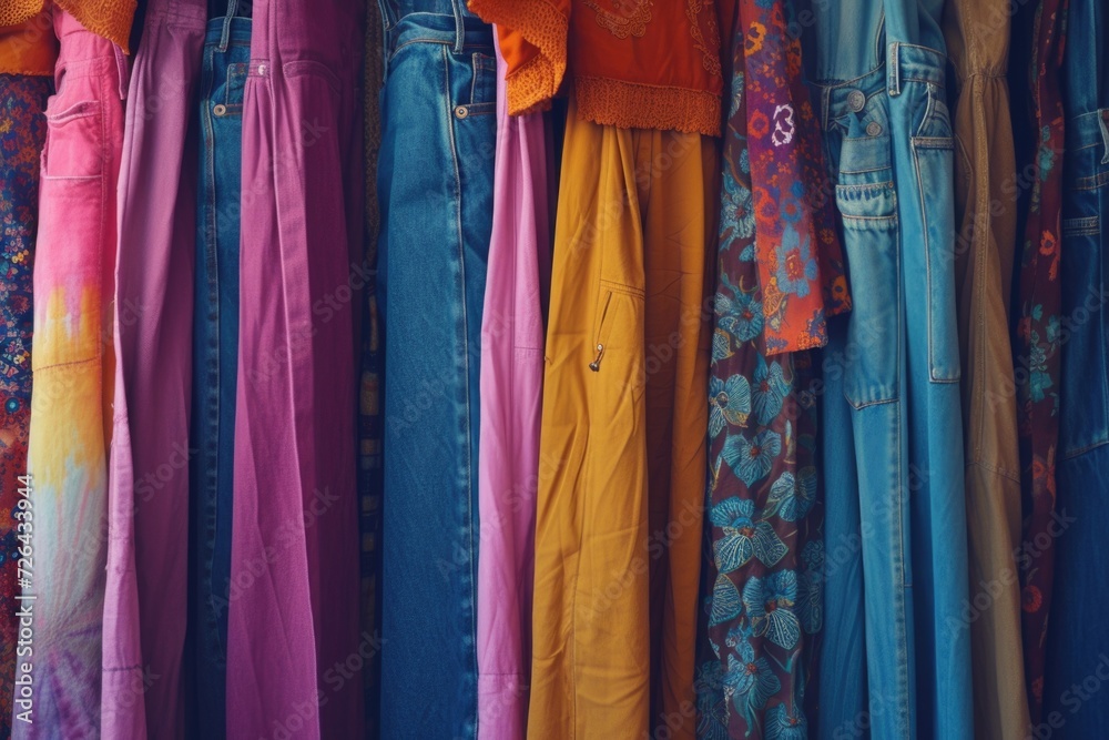 A rack of colorful clothing hanging on a wall. Perfect for fashion or retail concepts