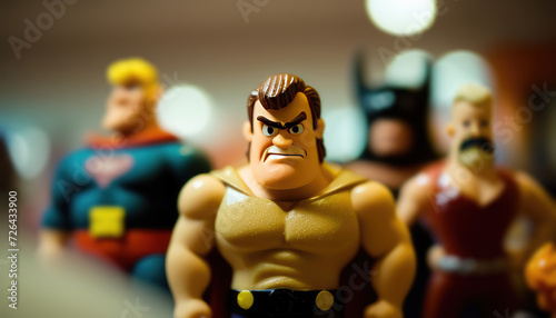 Cartoon super villain looks angrily at camera. Plastic toy figure of wrestler close-up. Muscular man in t-shirt with biceps. Figurine for children. Superhero team. Concept of strength, struggle, power photo