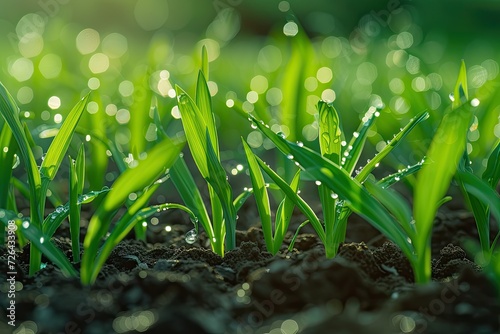 Fresh oat sprouts with water drobs close up. Shot of plants growing on field. photo