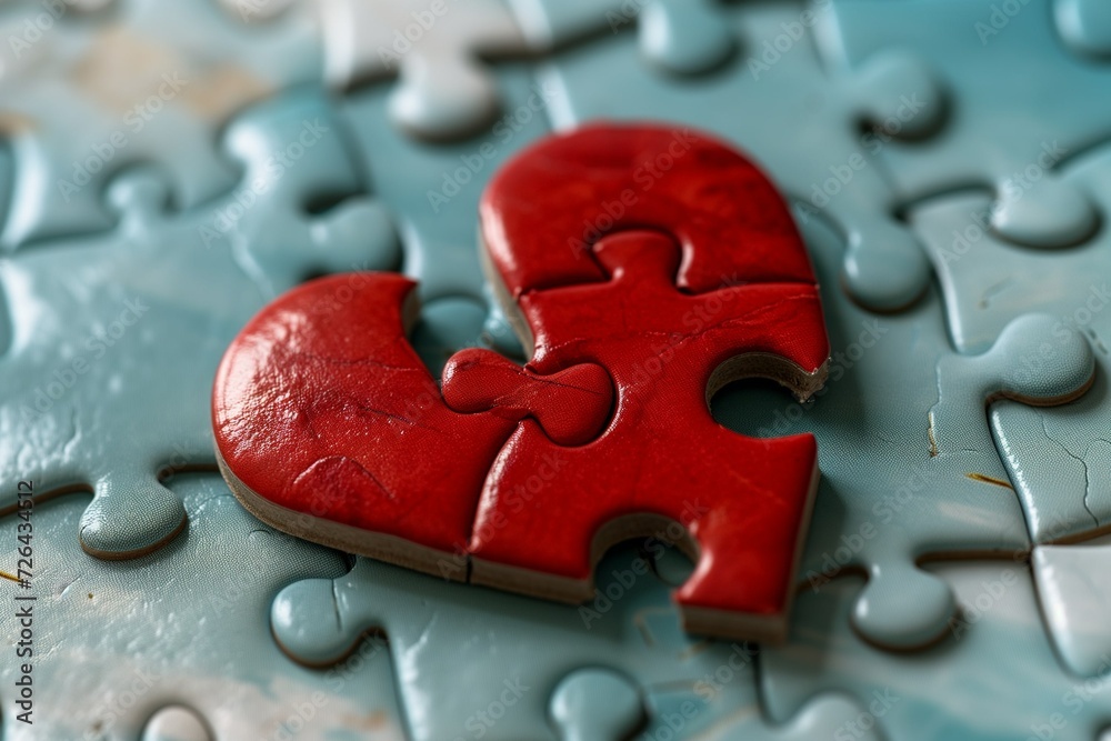 Puzzle pieces in the shape of a red heart on a blue background Puzzle pieces in the shape of a red heart on a blue background