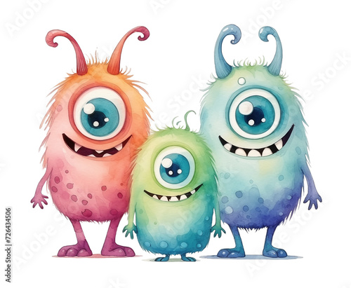 Three Cute Furry One-Eyed Watercolor Monsters isolated on white background.