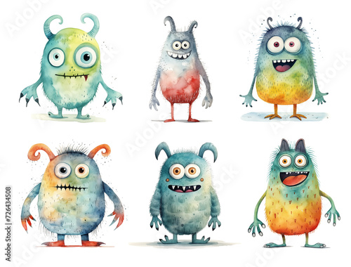 Watercolor Colorful Collection of Six Cartoon Monsters  isolated on white background.